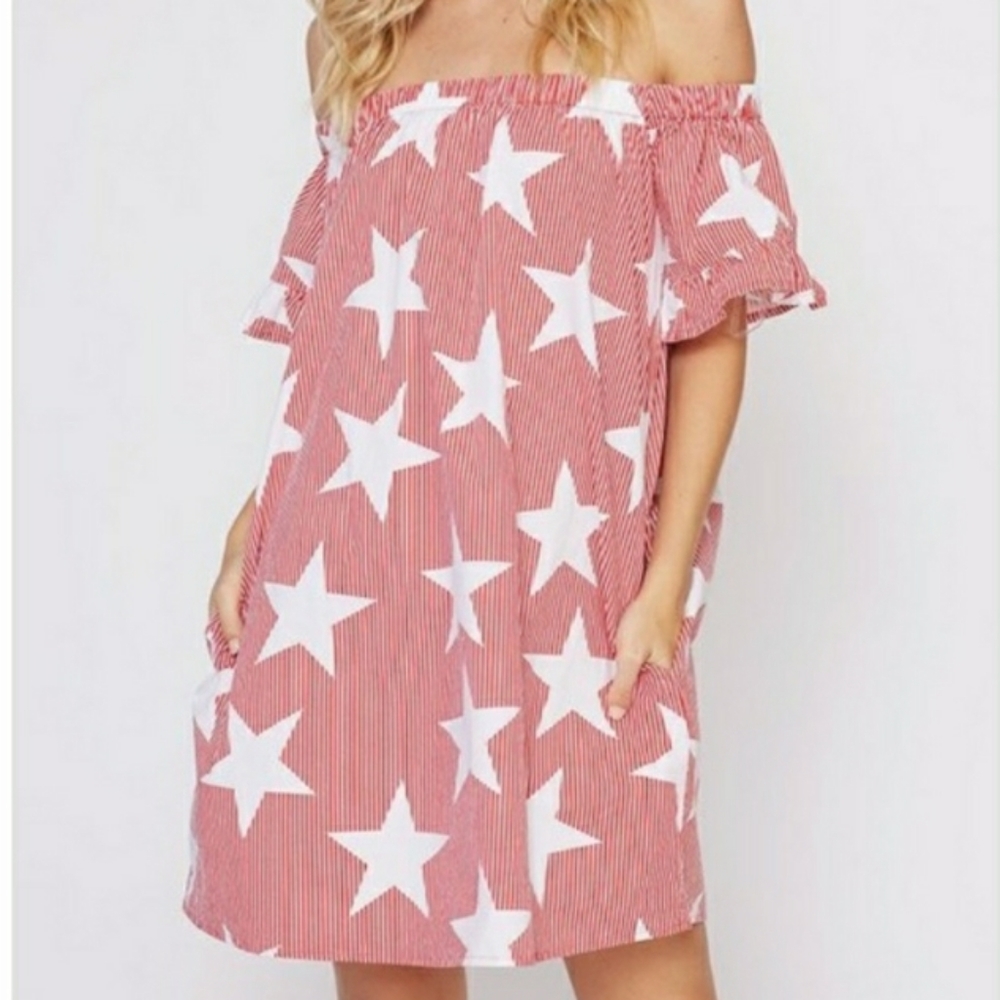 Star Printed Off Shoulder Dress - Picture 1 of 7